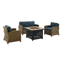 Load image into Gallery viewer, Bradenton 4Pc Outdoor Wicker Conversation Set W/Fire Table Weathered Brown/Navy - Loveseat, Tucson Fire Table, & 2 Arm Chairs