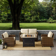Load image into Gallery viewer, Bradenton 4Pc Outdoor Wicker Conversation Set W/Fire Table Weathered Brown/Sand - Loveseat, Tucson Fire Table, & 2 Arm Chairs