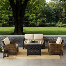 Load image into Gallery viewer, Bradenton 4Pc Outdoor Wicker Conversation Set W/Fire Table Weathered Brown/Sand - Loveseat, Tucson Fire Table, & 2 Arm Chairs