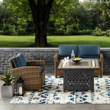 Load image into Gallery viewer, Bradenton 3Pc Outdoor Wicker Conversation Set W/Fire Table Weathered Brown/Navy - Loveseat, Armchair, & Tucson Fire Table
