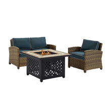 Load image into Gallery viewer, Bradenton 3Pc Outdoor Wicker Conversation Set W/Fire Table Weathered Brown/Navy - Loveseat, Armchair, & Tucson Fire Table