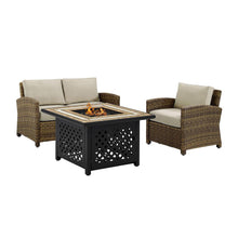 Load image into Gallery viewer, Bradenton 3Pc Outdoor Wicker Conversation Set W/Fire Table Weathered Brown/Sand - Loveseat, Armchair, & Tucson Fire Table