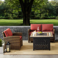 Load image into Gallery viewer, Bradenton 3Pc Outdoor Wicker Conversation Set W/Fire Table Weathered Brown/Sangria - Loveseat, Armchair, & Tucson Fire Table
