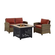 Load image into Gallery viewer, Bradenton 3Pc Outdoor Wicker Conversation Set W/Fire Table Weathered Brown/Sangria - Loveseat, Armchair, & Tucson Fire Table