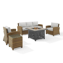 Load image into Gallery viewer, Bradenton 5Pc Outdoor Wicker Sofa Set W/Fire Table Gray/Weathered Brown - Sofa, Side Table, Tucson Fire Table, & 2 Armchairs