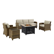 Load image into Gallery viewer, Bradenton 5Pc Outdoor Wicker Sofa Set W/Fire Table Weathered Brown/Sand - Sofa, Side Table, Tucson Fire Table, & 2 Armchairs