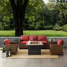 Load image into Gallery viewer, Bradenton 5Pc Outdoor Wicker Sofa Set W/Fire Table Weathered Brown/Sangria - Sofa, Side Table, Tucson Fire Table, & 2 Armchairs