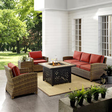 Load image into Gallery viewer, Bradenton 5Pc Outdoor Wicker Sofa Set W/Fire Table Weathered Brown/Sangria - Sofa, Side Table, Tucson Fire Table, & 2 Armchairs