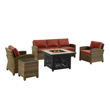 Load image into Gallery viewer, Bradenton 5Pc Outdoor Wicker Sofa Set W/Fire Table Weathered Brown/Sangria - Sofa, Side Table, Tucson Fire Table, & 2 Armchairs