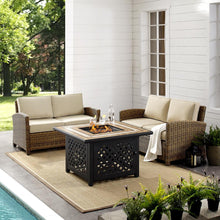 Load image into Gallery viewer, Bradenton 3Pc Outdoor Wicker Conversation Set W/Fire Table Sand/Weathered Brown - Tucson Fire Table & 2 Loveseats
