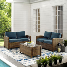 Load image into Gallery viewer, Bradenton 3Pc Outdoor Wicker Conversation Set Navy/Weathered Brown - Coffee Table & 2 Loveseats