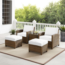 Load image into Gallery viewer, Bradenton 5Pc Outdoor Armchair Set - Sunbrella White/Weathered Brown - Side Table, 2 Arm Chairs & 2 Ottomans