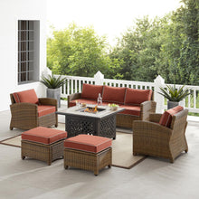 Load image into Gallery viewer, Bradenton 6Pc Outdoor Wicker Sofa Set W/Fire Table Sangria/Weathered Brown - Tucson Fire Table, Sofa, 2 Armchairs & 2 Ottomans