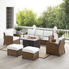 Load image into Gallery viewer, Bradenton 6Pc Outdoor Sofa Set W/Fire Table - Sunbrella White/Weathered Brown - Tucson Fire Table, Sofa, 2 Armchairs & 2 Ottomans