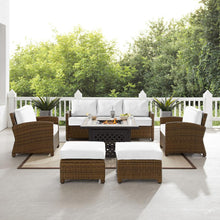 Load image into Gallery viewer, Bradenton 6Pc Outdoor Sofa Set W/Fire Table - Sunbrella White/Weathered Brown - Tucson Fire Table, Sofa, 2 Armchairs & 2 Ottomans