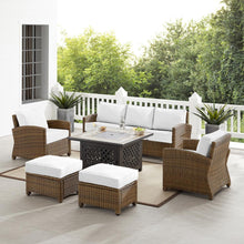 Load image into Gallery viewer, Bradenton 6Pc Outdoor Sofa Set W/Fire Table - Sunbrella White/Weathered Brown - Tucson Fire Table, Sofa, 2 Armchairs & 2 Ottomans