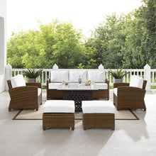 Load image into Gallery viewer, Bradenton 6Pc Outdoor Sofa Set W/Fire Table - Sunbrella White/Weathered Brown - Tucson Fire Table, Sofa, 2 Armchairs & 2 Ottomans