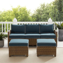 Load image into Gallery viewer, Bradenton 3Pc Outdoor Wicker Sofa Set Navy/Weathered Brown - Sofa & 2 Ottomans