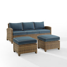 Load image into Gallery viewer, Bradenton 3Pc Outdoor Wicker Sofa Set Navy/Weathered Brown - Sofa & 2 Ottomans