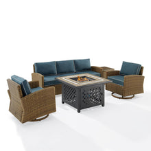 Load image into Gallery viewer, Bradenton 5Pc Swivel Rocker And Sofa Set W/Fire Table Navy/Weathered Brown - Tucson Fire Table, Sofa, Side Table, & 2 Swivel Rockers