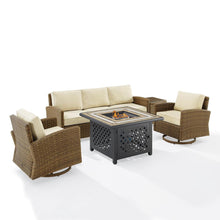 Load image into Gallery viewer, Bradenton 5Pc Swivel Rocker And Sofa Set W/Fire Table Sand/Weathered Brown - Tucson Fire Table, Sofa, Side Table, & 2 Swivel Rockers
