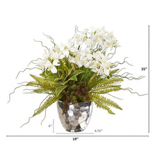 Load image into Gallery viewer, 25" Phalaenopsis Orchid, Succulent and Fern Artificial Arrangement in Silver Vase