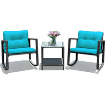 Load image into Gallery viewer, 3 Pcs Wicker Rocking Bistro Set with Glass Coffee Table and Storage Shelf-Blue