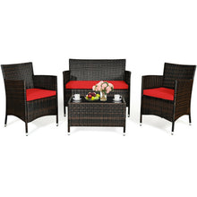 Load image into Gallery viewer, 4 Pieces Rattan Outdoor Patio Conversation Furniture Set with Glass Table and Comfortable Wicker Sectional Sofa