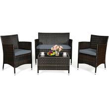 Load image into Gallery viewer, 4 Pcs Rattan Outdoor Patio Conversation Furniture Set with Glass Table and Comfortable Wicker Sectional Sofa