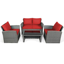 Load image into Gallery viewer, 4 Pieces Patio Rattan Furniture Set Sofa Table with Storage Shelf Cushion-Red