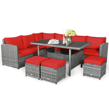 Load image into Gallery viewer, 7 Pieces Patio Rattan Dining Furniture Sectional Sofa Set with Wicker Ottoman-Red