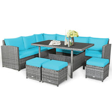 Load image into Gallery viewer, 7 Pieces Patio Rattan Dining Furniture Sectional Sofa Set with Wicker Ottoman-Turquoise