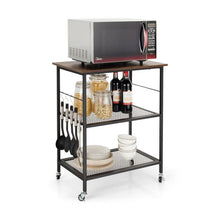 Load image into Gallery viewer, 3-Tier Kitchen Serving Cart Utility Standing Microwave Rack with Hooks Brown
