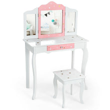 Load image into Gallery viewer, Kids Vanity Princess Makeup Dressing Table Chair Set with Tri-folding Mirror-White