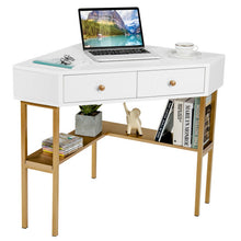 Load image into Gallery viewer, Space Saving Corner Computer Desk with 2 Large Drawers and Storage Shelf-Golden