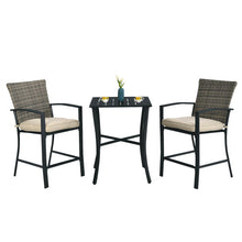 Load image into Gallery viewer, 3 Pieces Patio Rattan Bar Furniture Set with Slat Table and 2 Cushioned Stools-Gray