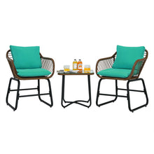 Load image into Gallery viewer, 3 Pieces Patio Rattan Bistro Set Cushioned Chair Glass Table Deck-Turquoise