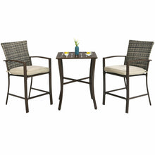 Load image into Gallery viewer, 3 Pieces Rattan Bar Furniture Set with Slat Table and 2 Cushioned Stools-Brown
