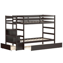 Load image into Gallery viewer, Twin Over Twin Bunk Bed with Storage Shelf and Drawer-Dark Brown