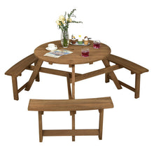 Load image into Gallery viewer, 6-person Round Wooden Picnic Table with Umbrella Hole and 3 Built-in Benches-Dark Brown