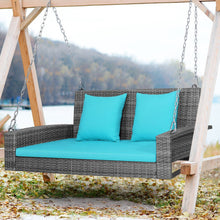 Load image into Gallery viewer, 2-Person Patio PE Wicker Hanging Porch Swing Bench Chair Cushion 800 Pounds-Turquoise