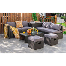 Load image into Gallery viewer, 8 Pieces Patio Space-Saving Rattan Furniture Set with Storage Box and Waterproof Cover-Gray