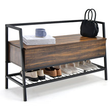 Load image into Gallery viewer, Industrial Shoe Bench with Storage Space and Metal Handrail-Rustic Brown
