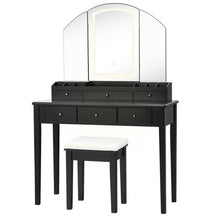 Load image into Gallery viewer, Vanity Table Stool Set with Large Tri-folding Lighted Mirror-Black