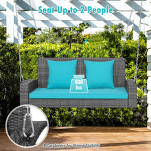 Load image into Gallery viewer, 2-Person Patio PE Wicker Hanging Porch Swing Bench Chair Cushion 800 Pounds-Turquoise
