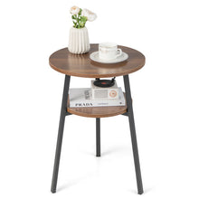 Load image into Gallery viewer, 2-Tier Round End Table with Open Shelf and Triangular Metal Frame-Walnut