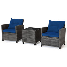 Load image into Gallery viewer, 3 Pieces Outdoor Wicker Conversation Set with Tempered Glass Tabletop-Navy