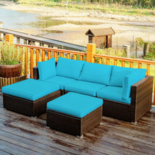 Load image into Gallery viewer, 5 Pieces Patio Rattan Sectional Conversation Ottoman Furniture Set-Blue