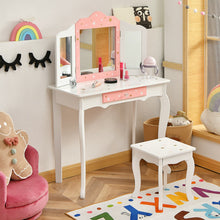 Load image into Gallery viewer, Kids Vanity Princess Makeup Dressing Table Chair Set with Tri-folding Mirror-White