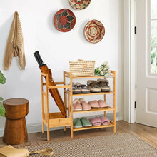 Load image into Gallery viewer, 4-Tier Bamboo Shoe Rack Organiser with Umbrella Holder-Natural